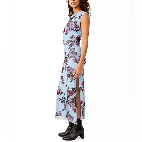 Free People Carmel Blue Floral Print Sleeveless Draped Midi Dress Size Large NWT - Picture 3 of 5